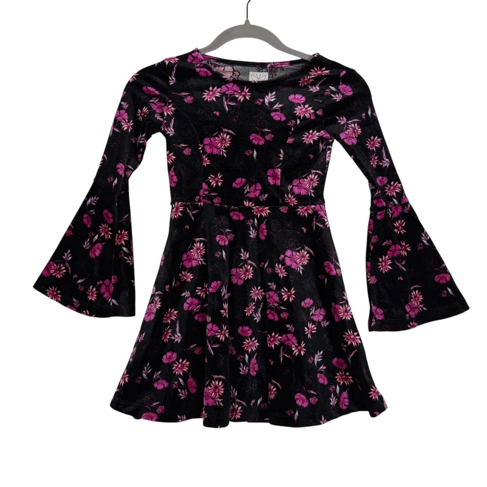 Ella Moss Dress Girls 7 Black Floral Velvet Bell Sleeve Fit & Flare Party